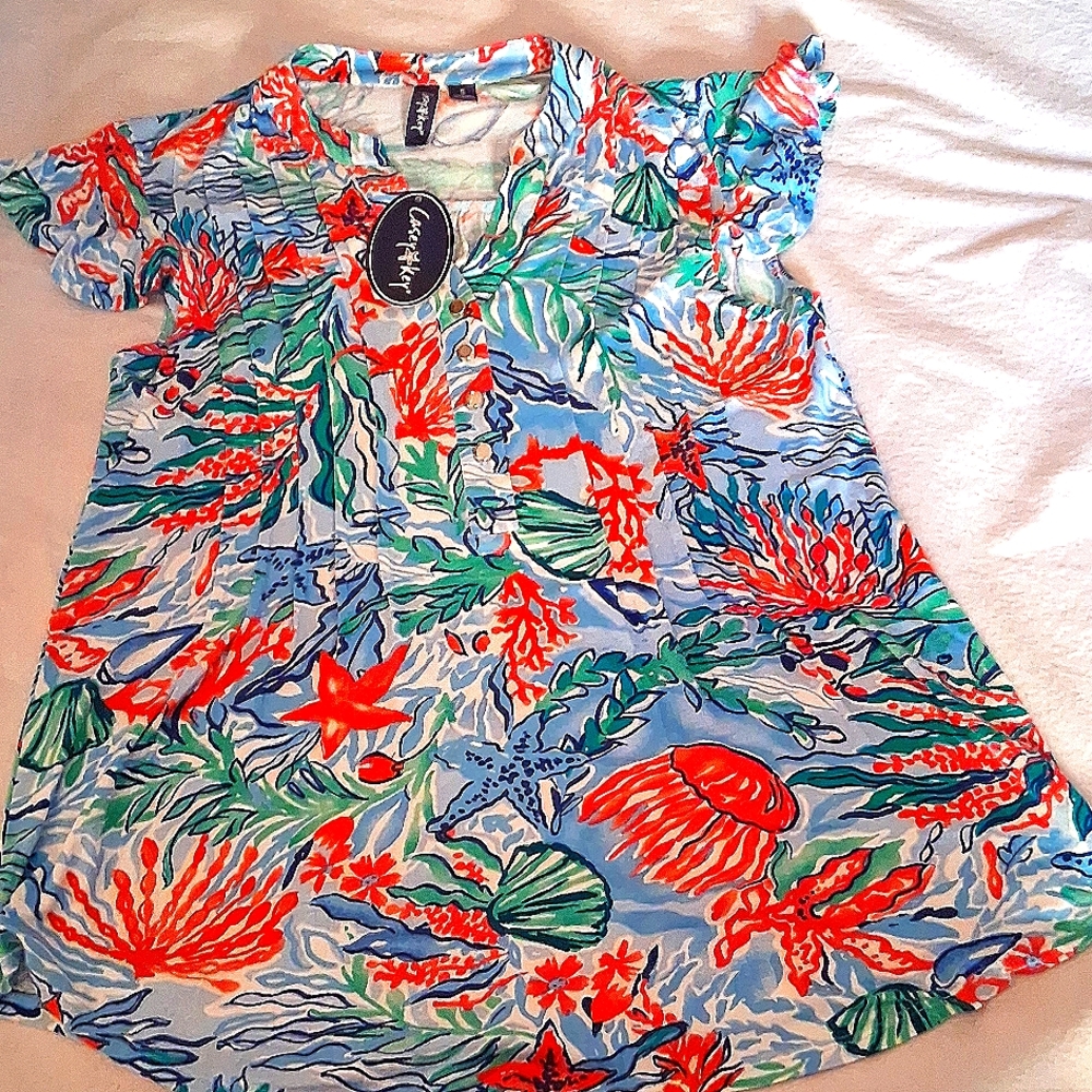 NWT top by Casey Key, blues and red underwater pattern, pleated sz  PS